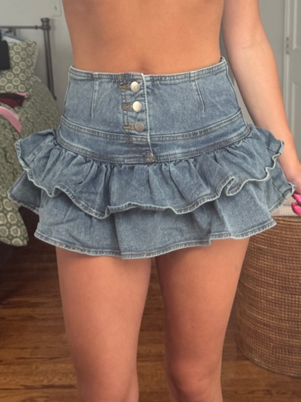 Amazon Denim Ruffle Mini Skirt - Light Blue